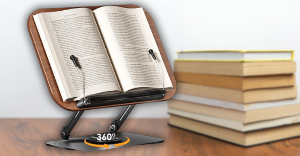 SupeDesk Book Stand for Reading, Adjustable Book Holder with 360° Rotating Bases, Foldable Designs, and Elastic Clips, Multifunctional Display Stand for Recipe, Cookbooks, Magazines, Tablets, Laptops